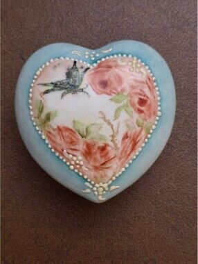 Vintage Hand-Painted Porcelain Heart Trinket Box - Rose & Bird Motif